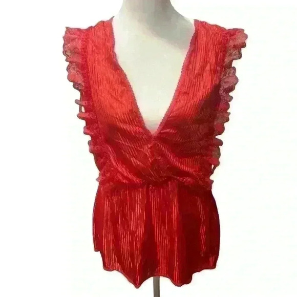 Vintage 80s Red Jaclyn Smith Lace Ruffle Tank Deep V - Picture 1 of 7